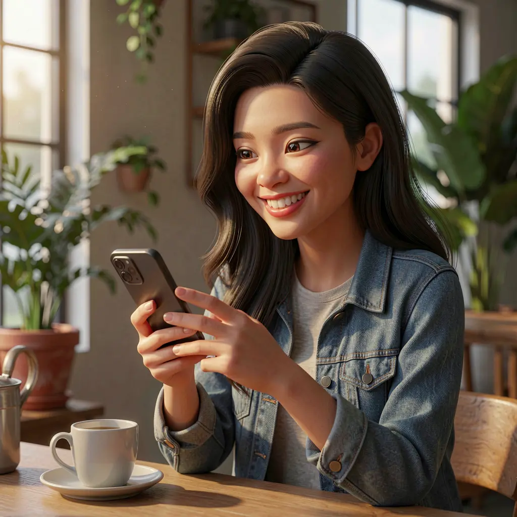WK888 App – Enjoy a smooth and modern mobile casino experience in Indonesia Stylish Indonesian woman relaxing in a cafe while using the WK888 casino app on her smartphone with cinematic lighting