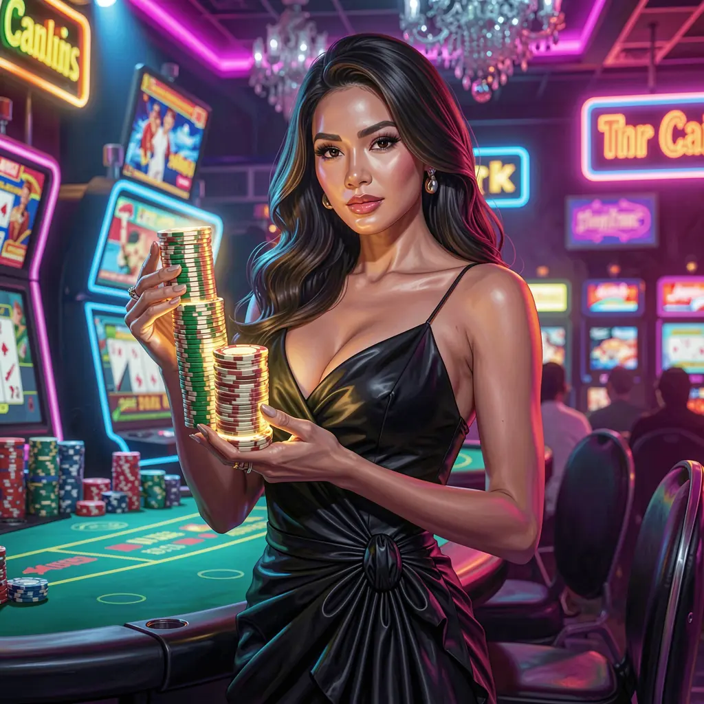 WK888 – Discover high stakes casino excitement made for Indonesia Elegant Indonesian casino player holding glowing chips in a luxury gaming atmosphere representing high stakes entertainment at WK888 Indonesia